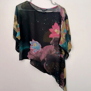 Citron Santa Monica SILK vintage semi sheer tunic blouse top printed oriental